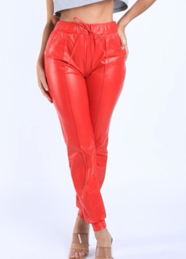 Faux Red leather Joggers