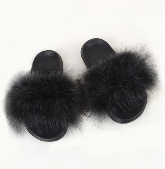 Black Furry Slides